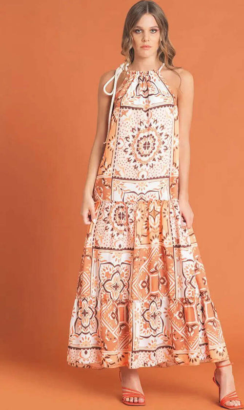 Nualy Abito Donna a Fazzoletto Con fantasia Arancio Su Fondo Bianco Vestito Estivo Fresco Smanicato Legato Dietro Il Collo Con Gonna Lunga Con Balza Sul Fondo Moda/Donna/Abbigliamento/Vestiti/Casual You Store - Messina, Commerciovirtuoso.it