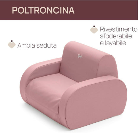 Chicco Twist - Poltroncina per Bambini Trasformabile in Chaise Longue e Divanetto, Sedia per Bambini con 3 Configurazioni, Comoda e Leggera, Si Trasforma con 1 Gesto - Per Bambini 12+ Mesi, colore DUSTY PINK