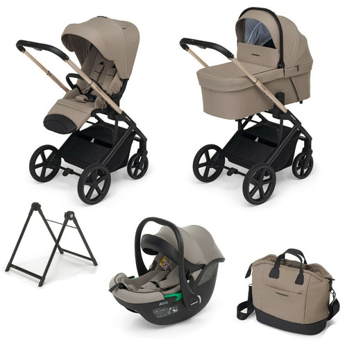 FOPPAPEDRETTI Sistema Combinato TicToc Pro i-Size colore CHAMPAGNE - trio full completo - navicella, passeggino, ovetto seggiolino auto, borsa Elegant, base Elevo