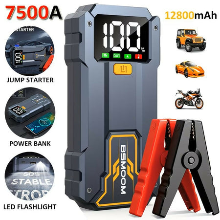 Avviatore di emergenza batteria auto 7500A con torcia LED ampio schermo LCD 12800mAh