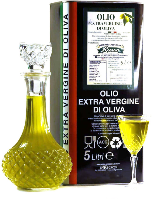 Olio Extra Vergine d'Oliva Estratto a Freddo [ Non Filtrato ] Cultivar Biancolilla 100% - Prodotto In Sicilia - In Latta 5 Litri Azienda Agricola Russo