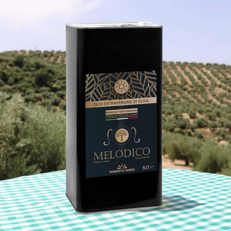 Olio extravergine di oliva MELODICO 100% monocultivar coratina italiano in latta da 5 litri olio extravergine di oliva Madrepuglia - Andria, Commerciovirtuoso.it