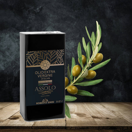 Olio extravergine d'Oliva Madrepuglia ASSOLO linea ROBERTO SINISI filtrato 100% monocultivar Coratina prodotto in Italia da olive Italiane in latta da 5 litri olio extravergine di oliva Madrepuglia - Andria, Commerciovirtuoso.it