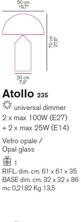 Oluce Atollo 235 lampada da tavolo vetro H70 misura grande