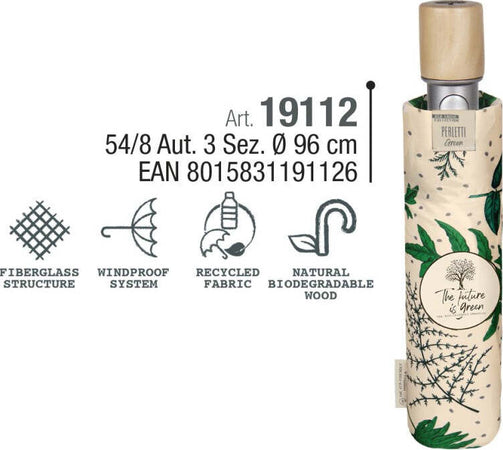 Ombrello-donna-mini-automatico-fantasia-foglie-Perletti-Green