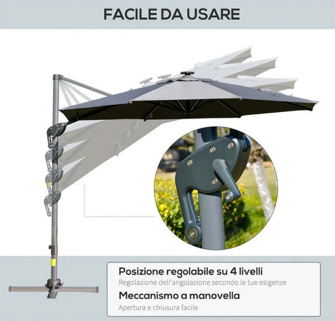 Ombrellone-a-Braccio-per-Esterno-con-Luci-a-LED-e-Angolazione-Regolabile,-Ø3x2.5A-m,-Grigio-84D-110CG
