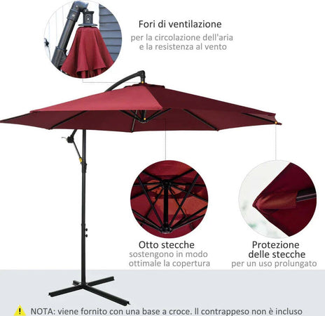 Ombrellone-da-Esterni-3x2.5-m-Decentrato-Rosso-Scuro,-in-Poliestere-Anti-UV-e-Acciaio-con-Manovella-84D-037WR