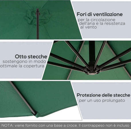 Ombrellone-da-Esterni-Decentrato-con-Manovella,-in-Acciaio-e-Poliestere-Anti-UV,-3x2.5-m,-Verde-84D-037GN