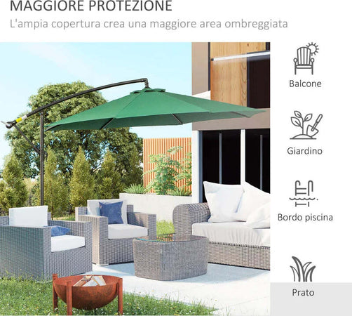 Ombrellone-da-Esterni-Decentrato-con-Manovella,-in-Acciaio-e-Poliestere-Anti-UV,-3x2.5-m,-Verde-84D-037GN