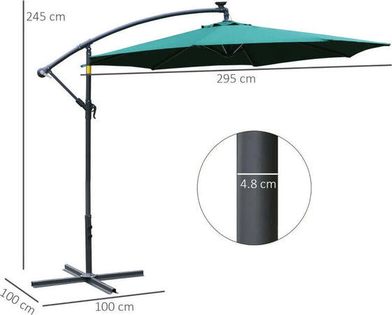 Ombrellone-da-Giardino-Ø3x2.5-m-a-Braccio-con-Manovella-e-8-Strisce-LED-a-Energia-Solare,-Verde--84D-066GN