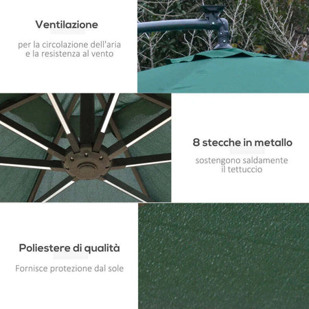 Ombrellone-da-Giardino-Ø3x2.5-m-a-Braccio-con-Manovella-e-8-Strisce-LED-a-Energia-Solare,-Verde--84D-066GN