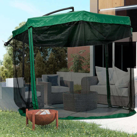 Ombrellone-da-Giardino-3x3-m-con-Zanzariera,-Apertura-a-Manovella-e-Base-a-Croce,-Verde-84D-204V01GN