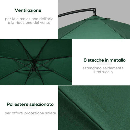 Ombrellone-da-Giardino-3x3-m-con-Zanzariera,-Apertura-a-Manovella-e-Base-a-Croce,-Verde-84D-204V01GN