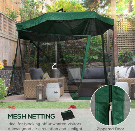 Ombrellone-da-Giardino-3x3-m-con-Zanzariera,-Apertura-a-Manovella-e-Base-a-Croce,-Verde-84D-204V01GN