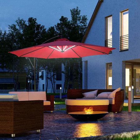 Ombrellone-da-Giardino-a-Braccio-Ø3x2.4-m-con-Manovella-e-8-Strisce-LED-a-Energia-Solare,-Rosso-scuro-84D-066WR