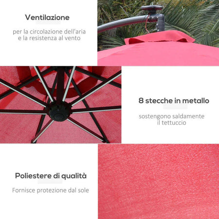 Ombrellone-da-Giardino-a-Braccio-Ø3x2.4-m-con-Manovella-e-8-Strisce-LED-a-Energia-Solare,-Rosso-scuro-84D-066WR