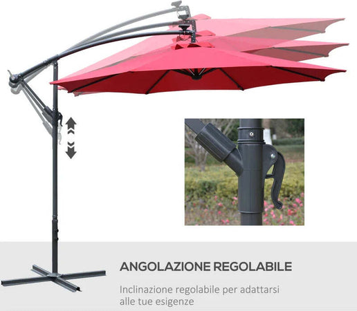 Ombrellone-da-Giardino-a-Braccio-Ø3x2.4-m-con-Manovella-e-8-Strisce-LED-a-Energia-Solare,-Rosso-scuro-84D-066WR