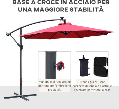 Ombrellone-da-Giardino-a-Braccio-Ø3x2.4-m-con-Manovella-e-8-Strisce-LED-a-Energia-Solare,-Rosso-scuro-84D-066WR