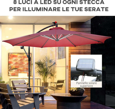 Ombrellone-da-Giardino-a-Braccio-Ø3x2.4-m-con-Manovella-e-8-Strisce-LED-a-Energia-Solare,-Rosso-scuro-84D-066WR