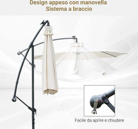 Ombrellone-da-Giardino-a-Braccio-3x2.5-m-con-Manovella-e-8-Strisce-LED-a-Energia-Solare,-Crema-84D-066CW