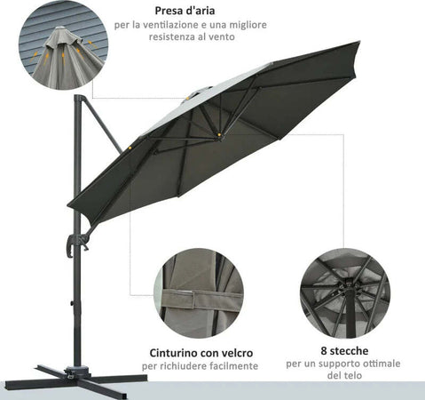 Ombrellone-da-Giardino-a-Manovella-e-a-8-Stecche-con-Angolazione-Regolabile,-Ø2.95x2.5-m,-Grigio-84D-065CG