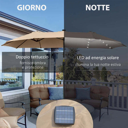 Ombrellone-da-Giardino-Doppio-4.5m-con-48-Luci-LED-e-Manovella,-Cachi-84D-178KK