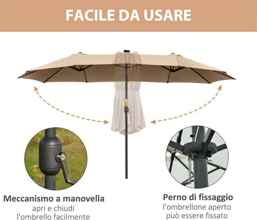 Ombrellone-da-Giardino-Doppio-4.5m-con-48-Luci-LED-e-Manovella,-Cachi-84D-178KK