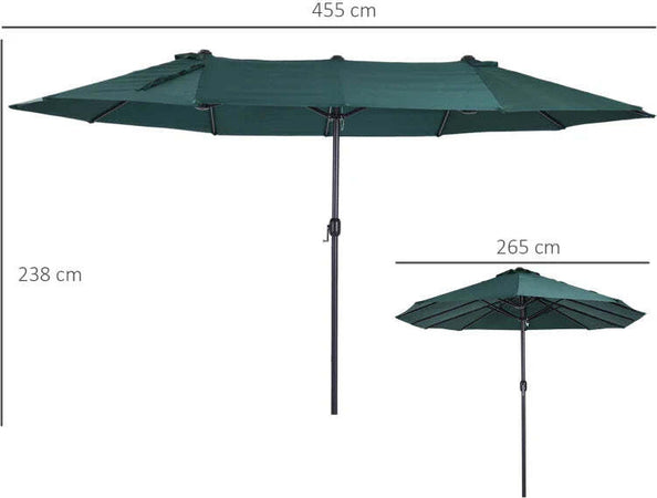 Ombrellone-da-Giardino-Doppio-con-Apertura-a-Manovella,-in-Acciaio-e-Poliestere,-455x265x238cm,-Verde-Scuro-84D-031V01
