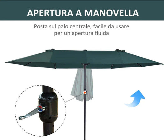 Ombrellone-da-Giardino-Doppio-con-Apertura-a-Manovella,-in-Acciaio-e-Poliestere,-455x265x238cm,-Verde-Scuro-84D-031V01