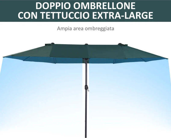 Ombrellone-da-Giardino-Doppio-con-Apertura-a-Manovella,-in-Acciaio-e-Poliestere,-455x265x238cm,-Verde-Scuro-84D-031V01