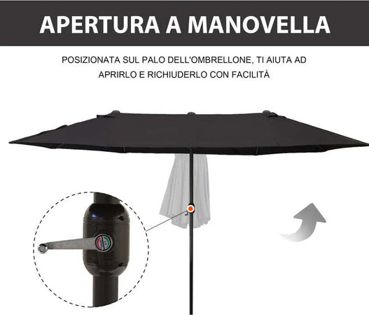 Ombrellone-da-Giardino-Doppio-con-Apertura-a-Manovella,-in-Acciaio-e-Poliestere,-460x270x240-cm,-Nero-84D-031V01BK