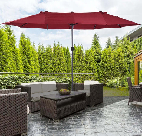 Ombrellone-da-Giardino-Doppio-con-Apertura-a-Manovella,-in-Acciaio-e-Poliestere,-460x270x240-cm,-Rosso-84D-031V01WR