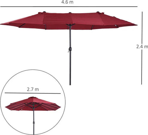 Ombrellone-da-Giardino-Doppio-con-Apertura-a-Manovella,-in-Acciaio-e-Poliestere,-460x270x240-cm,-Rosso-84D-031V01WR