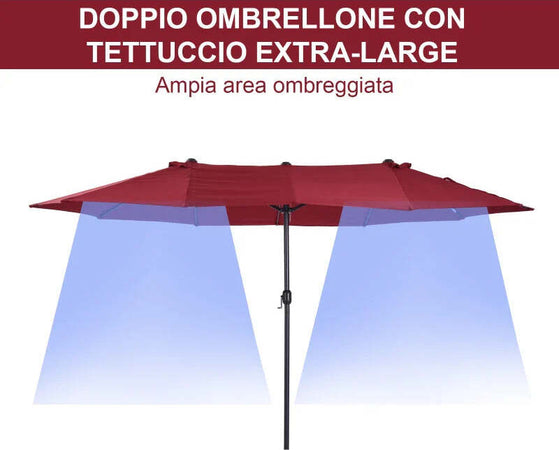 Ombrellone-da-Giardino-Doppio-con-Apertura-a-Manovella,-in-Acciaio-e-Poliestere,-460x270x240-cm,-Rosso-84D-031V01WR