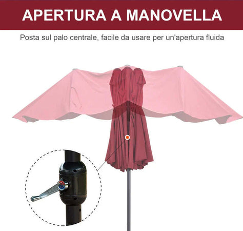 Ombrellone-da-Giardino-Doppio-con-Apertura-a-Manovella,-in-Acciaio-e-Poliestere,-460x270x240-cm,-Rosso-84D-031V01WR