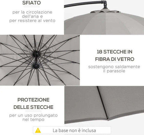 Ombrellone-Decentrato-da-Giardino-3x2.6-m-a-18-Stecche-con-Base-a-Croce,-Grigio-84D-118GY