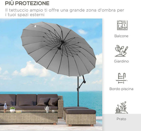Ombrellone-Decentrato-da-Giardino-3x2.6-m-a-18-Stecche-con-Base-a-Croce,-Grigio-84D-118GY