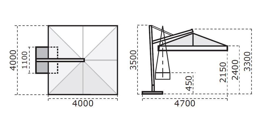 Ombrellone quadrato professionale con palo laterale "Galileo Maxi" in alluminio da esterno "Made In Italy"