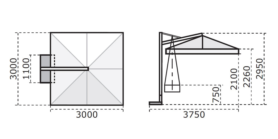 Ombrellone quadrato professionale con palo laterale "Galileo Dark" in alluminio per esterno "Made In Italy"