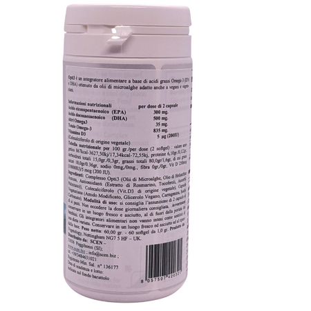 Opti3 Omega3 da alghe vegetali, vegan, senza retrogusto, 300mg EPA, 500mg DHA e 200 UI di Vitamina D3, 60 cps,