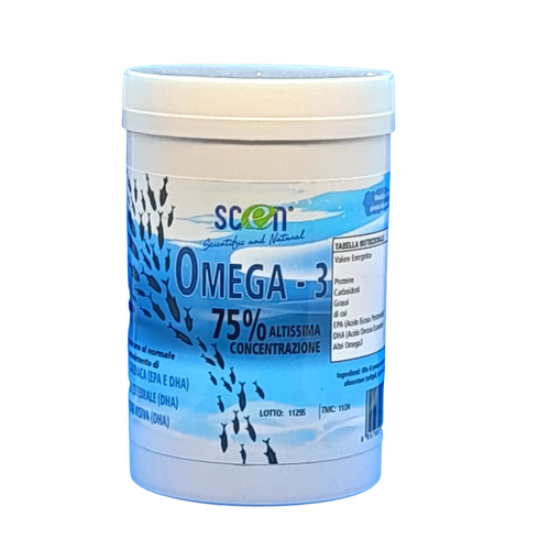 Scen Omega 3 - 2000mg. ad altissima concentrazione 75% da olio di pesce raffinato con 1500 mg Omega3- 400 mg. EPA + 1000 mg. DHA, 120 perle