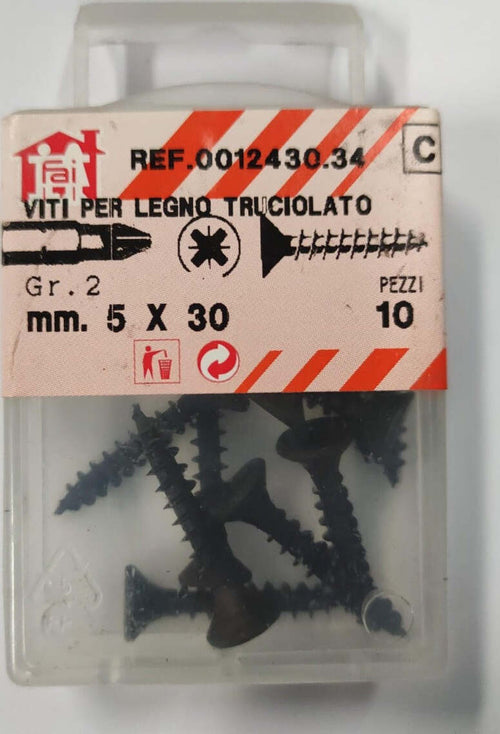 ORECA---10-VITI-PER-LEGNO-TRUCIOLATO-TESTA-PIANA-SVASATA-IMPRONTA-A-CROCE-PZ-5X30mm-IN-ACCIAIO-BRUNITO