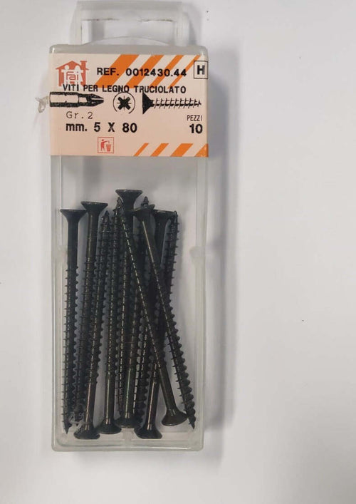 ORECA---10-VITI-PER-LEGNO-TRUCIOLATO-TESTA-PIANA-SVASATA-IMPRONTA-A-CROCE-PZ-5X80mm-IN-ACCIAIO-BRUNITO