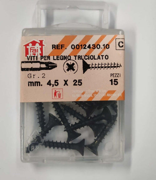 ORECA---15-VITI-PER-LEGNO-TRUCIOLATO-TESTA-PIANA-SVASATA-IMPRONTA-A-CROCE-PZ-4,5X25mm-IN-ACCIAIO-BRUNITO