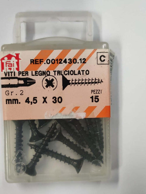 ORECA---15-VITI-PER-LEGNO-TRUCIOLATO-TESTA-PIANA-SVASATA-IMPRONTA-A-CROCE-PZ-4,5X30mm-IN-ACCIAIO-BRUNITO