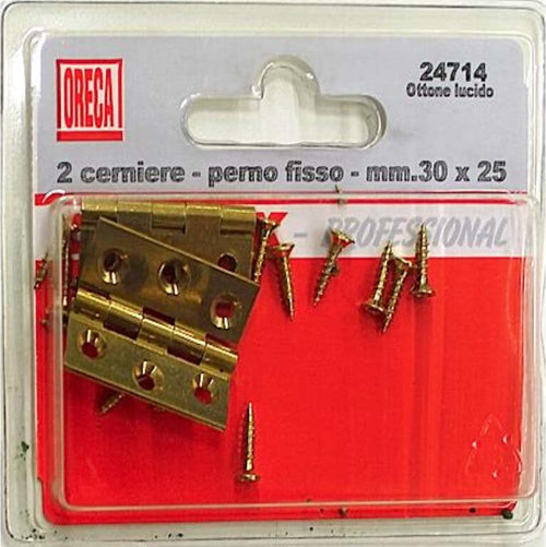 ORECA---2-CERNIERE-TRETTE-PIANE-CON-PERNO-FISSO,-OTTONE-LUCIDO-30X25MM