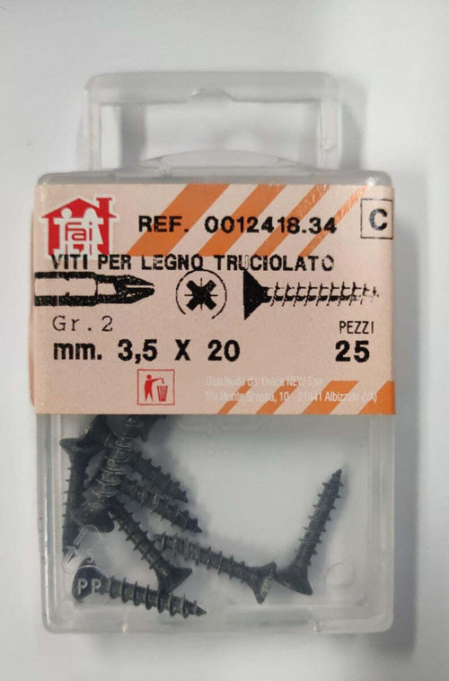 ORECA---25-VITI-PER-LEGNO-TRUCIOLATO-TESTA-PIANA-SVASATA-IMPRONTA-A-CROCE-PZ-3,5X20mm-IN-ACCIAIO-BRUNITO