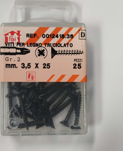 ORECA---25-VITI-PER-LEGNO-TRUCIOLATO-TESTA-PIANA-SVASATA-IMPRONTA-A-CROCE-PZ-3,5X25mm-IN-ACCIAIO-BRUNITO