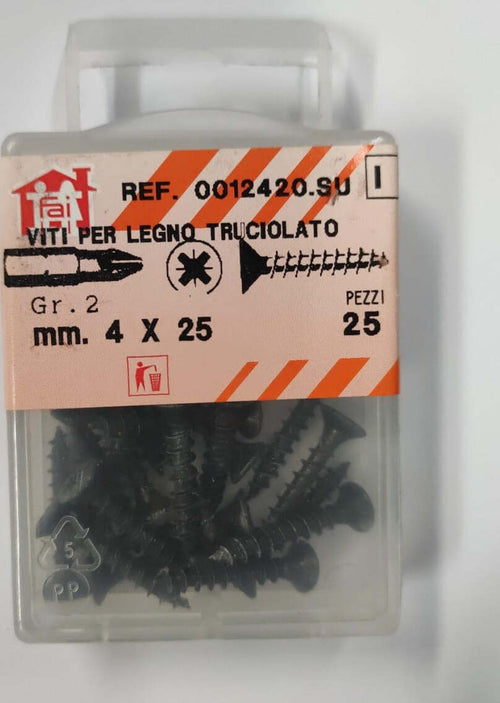 ORECA---25-VITI-PER-LEGNO-TRUCIOLATO-TESTA-PIANA-SVASATA-IMPRONTA-A-CROCE-PZ-4X25mm-IN-ACCIAIO-BRUNITO