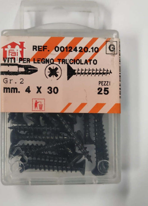 ORECA---25-VITI-PER-LEGNO-TRUCIOLATO-TESTA-PIANA-SVASATA-IMPRONTA-A-CROCE-PZ-4X30mm-IN-ACCIAIO-BRUNITO